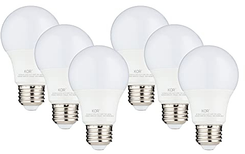 KOR 6 Pack A19 LED Light Bulb, 60W Equivalent, 5000K Bright White, 800 Lumens, Efficient 9 Watt Replacement Bulbs with E26 Standard Base, 15000 Long Life Hours, Non-Dimmable, 80+ CRI, UL Listed