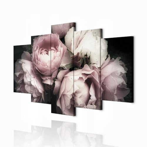 decomonkey Bilder Blumen 200x100 cm 5 Teilig Leinwandbilder Wandbild Rose | Bild auf Leinwand, Kunstdruck, Wanddeko, Wohnzimmer, Wanddekoration, Natur