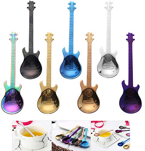 FHEDE Gitarren Kaffeelöffel Löffel Set, Bunte Edelstahl Dessertlöffel, Rostfreiem Stahl Süße Teelöffel zum Rühren, Mischen, Zucker, Dessert, Marmelade, Eislöffel, Bar, Geschirr (7)