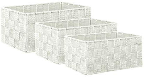 Brandsseller 3er Set Aufbewahrungsboxen - 22x15x11 cm, 21x13x9,5 cm, 19x11x8,5 cm – eckige Regalkörbe ohne Deckel – Rattanoptik, geflochten mit Metallrahmen – Weiß