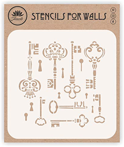 Vintage Schlüssel Schablone 11,43 x 11,43 cm (S) - Schablonen für Wände - Original Classic Schlösser und Schlüssel Design Schablone Schablone