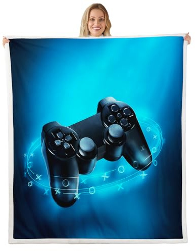 Loussiesd Kinder Jungen Wohndecke Gamepad drucken Kuscheldecke Blau Spielthema Flanell Fleecedecke Videospiel Action Buttons 150x200cm für Teens Weiche Mikrofaser Decke Raumdekoration