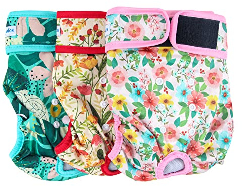 Leekalos Reusable Washable Dog Diapers Female (3 Pack) - Highly Absorbent Doggie Diapers - Size Adjustable Puppy Diapers for Dog Period Panties (Medium, Flora)