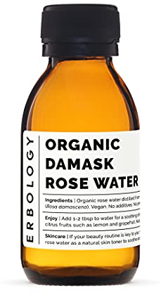 Erbology Organic Rose Water 100ml - Distilled from Damask Rose - Premium Food Grade Hydrolate - Soothes, Hydrates and Calms - Non-GMO - Recyclable Glass Bottle
