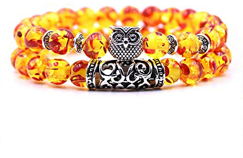 YQMR Naturstein Armband,7 Chakra Naturstein Perlenarmband Für Frauen EIN Set Bernstein Mit Eule Aushöhlen Rohr Natürlicher Halbedelstein Edelstein Geschenk Für Freund