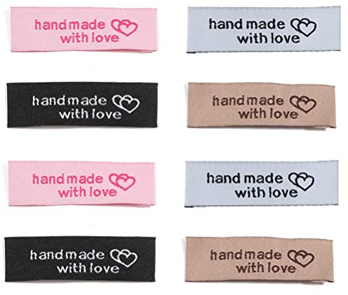 MiaLover 120 Stück Handmade Stoff Labels Tags Kleideretiketten Aufnäher Handmade with Love Handarbeit Etiketten zum nähen für DIY Klediung Näharbeit dekor, 4 Farben