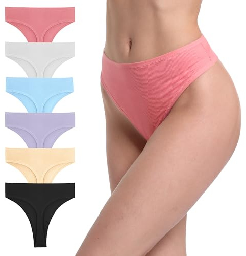 GAREDOB 6-pack Ribbade Stringtrosor i bomull med hög midja för kvinnor, XXL