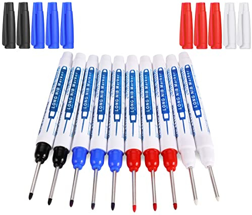 UNOLIGA Lot de 10 marqueurs à trou profond, 30 mm, marqueur permanent pour les travaux de charpentier, marqueur pour trou oblong (noir, rouge, bleu, blanc)