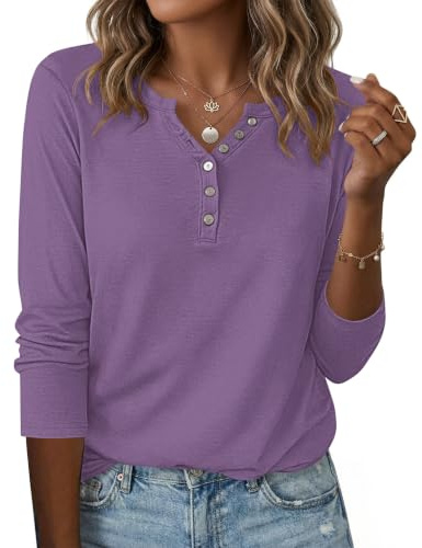 WNEEDU Chemise Femme à Manches Longues Henley T-Shirt Décontracté Pull | Tunique Blouse Col V avec Boutons,Basique Top Chic et Elegant,Haut pour l'automne