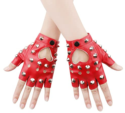 KINBOM 1 Paire Gants Sans Doigts en Cuir, Élégants Gants Punk Rivets Gants Sans Doigts Femme Cuir pour Halloween Femmes Filles Cosplay Performance (Rouge)