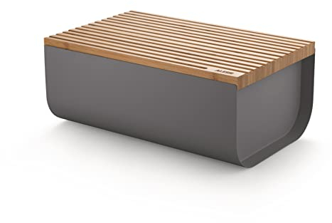 Alessi Mattina BG03 DG - Design Brotkasten, aus Farbigem Stahl mit Epoxidharz mit Bambusholz-Schneidebrett,Grau Dunkel