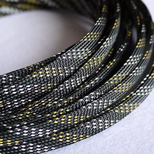 5M 2 4 6 8 10 12 14 16 20 25 30 40mm High Density Cable Sleeve PET Braided Expandable Wire Wrap Insulated Nylon Protector Sheath-Black Gold Sliver,20mm x 5meters