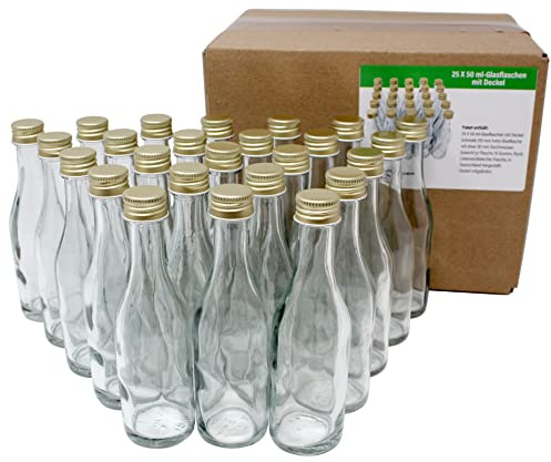 Aromhuset 25 x 50 ml leere Glasflaschen mit Cognac-Hals, kristallklar und goldfarbenen Schraubverschluss | transparent | zum Befüllen mit Alkohol, Likören, Schnäpsen, Gewürzen und Dekoration