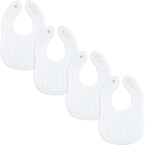 Bekväma ungar muslin babyhaklappar, dregelhaklappar, justerbara med enkla snäpp, tandsprickning och dreglande, absorberande haklappar för pojkar och flickor, Vit - 4-pack, Pack of 4