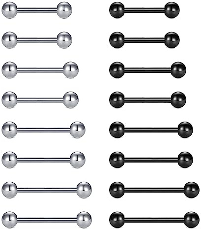 VCMART 8 Pairs Metal Tongue Rings for Women Tongue Piercing Jewelry 14G 12mm 14mm 16mm 18mm Straight Bar Tongue Nipple Rings Piercing Barbell Stainless Steel Body Piercing Jewelry Silver Black
