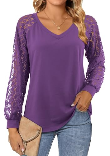 Beluring Womens Lace Long Sleeve Tops Plain V Neck T Shirts Loose Casual Blouse Dressy Tunic Shirt