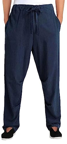 G-LIKE Pantalon d'entraînement Kung Fu en lin - Arts martiaux chinois traditionnels Taichi Wushu Pantalon sarouel décontracté pour hommes et femmes, bleu marine, M