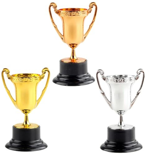 Veemoon Mini-Trophäen-Set für Kinder, Pokal, Kunststoff, Gold, Silber, Bronze, Pokal, Spiel-Requisiten für Partygeschenke, Gewinnpreise, Wettbewerbe, Familienspiele, Preise (zufälliger Stil), 3-teilig