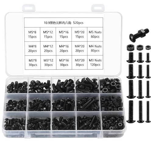 Vis à Tête Plate M3/M4/M5 en Acier au Carbone Avec Écrous Hexagonaux, Jeu de 520 Pièces Filetées à Tête Ronde