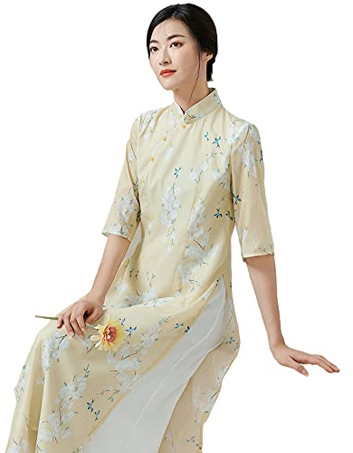 MEGLOB Tai-Chi-Kleidung für Damen, Kampfsport-Anzug, locker, langärmelig, chinesischer Stil, Meditation, schräges Revers, langer Rock, Schnürkleid mit 3/4-Ärmeln, Gelb-M (Gelb S) (Gelb L)