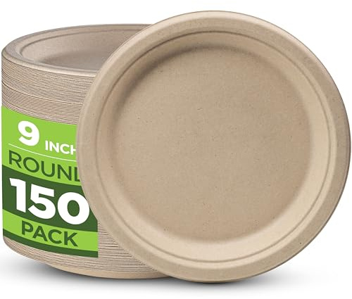 100% Compostable Paper Plates Heavy Duty - 150 Pack Biodegradable Disposable Plates – 9” Brown Disposable Dinner Plates Made of Eco-Friendly, Natural Unbleached Sugarcane Bagasse, Microwavable Plates