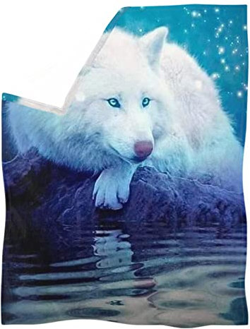 TradesForU Wolf-Plüsch-Überwurfdecke, galactWolf-Muster, Fleece-Bettwäsche für Bett, Sofa, Couch, alle Jahreszeiten, warm und gemütlich, weich, Weiß-Blau, Größe M