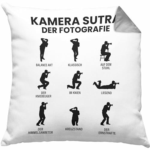 Trendation Fotograf Kissen mit Füllung 40x40 Zubehör Fotografie Geschenk Fotografieren Geschenkideen Lustiger Spruch Kamera Sutra (Grau)