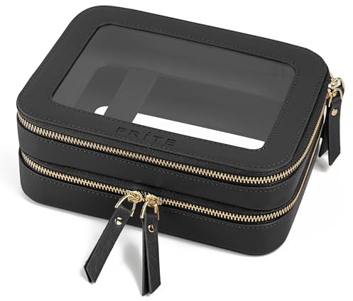 Prite Transparent Kosmetiktasche Reise Kulturtasche, Schwarz, Zweilagig | Make Up Tasche, Vier Größen, Wasserabweisend, TSA-zugelassen, Durchsichtig PVC, Veganes Leder, Geschenkbox-Verpackung