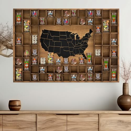 68 Fächer, 101,6 x 71,1 cm, große Weltkarte, Schnapsglas-Vitrine, rustikaler Holz-Schnapsglashalter für verschiedene Größen, Weingläser, Bar, Regal, Organizer, Wandaufbewahrung, Schrankdekoration