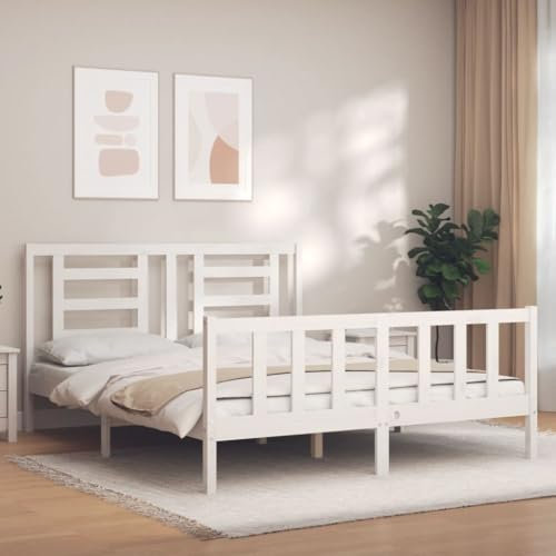 Iiaky Massivholzbett mit Kopfteil Bettgestell Bed Frame Holzbett Kopfteil Bett Schlafzimmer Bett Massivholzbetten Weiß 160x200 cm