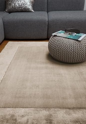 Lord of Rugs Ascot Rug for Living Room Bedroom Soft Wool Plain Hand Woven High Shine Viscose Bordered Rug Sand Beige Natural Small 80x150 cm (2'6x5')