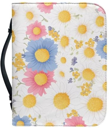 Kuiaobaty Cartoon-Gänseblümchen-Blumenmuster, Bibelhülle mit Griff, niedlicher weißer Blumendruck, Kunstleder, Buchhülle mit Reißverschluss, klein, groß, 4 Größen