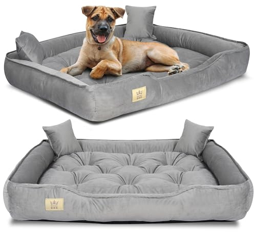 KING DOG Hundebett sehr Grosse Hunde Waschbar XXL 130 x 105 cm aus Velours Hundekissen Haustierbett Hundekorb Hundebett Abwaschbar Orthopädisches Hundebetten Leicht zu reinigen Silikon Füllung Grau