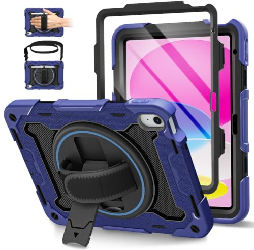 ROSROME Case for iPad (A16) 11th/10th Generation 2025/2022, Navy Blue | (11/10.9 Inch) with HD Screen Protector, Heavy Duty Shockproof Kids Case, 360°Rotating Stand, Shoulder Strap, Pencil Holder