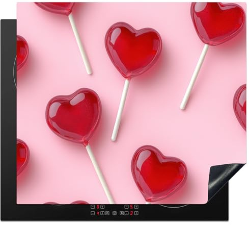 KitchenYeah© Herdabdeckplatte 59x51 cm Einteilig Küche Herdabdeckung Induktionsfeld Ceranfeld Herdabdeckplatten Vinyl Matte Aufrollbar Lutscher - Rosa - Valentinstag - Valentin - Valentinstag