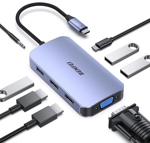 BENFEI Docking station USB C di, hub USB C 8-in-1 con triplo display, doppio HDMI, VGA, 3*USB 3.0, 100W Power Delivery, audio AUX da 3,5 mm, compatibile con MacBook Pro, XPS e altro ancora