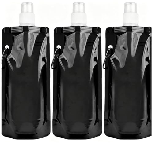Catelves 3 Faltbare Trinkflaschen 500 ml, BPA-frei, mit Clip, Schwarz | Leer Kompakt Faltbar, mit Schraubverschluss und Trageschlaufe, Leicht im Rucksack zu Verstauen und Unterwegs Mitzunehmen