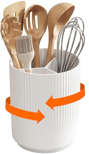 Lifewit Portautensili da cucina, contenitore girevole per utensili da cucina, 15 x 19 cm, con separatore rimovibile, cestino portaposate con fori di scarico e fondo antiscivolo per tavolo, bianco
