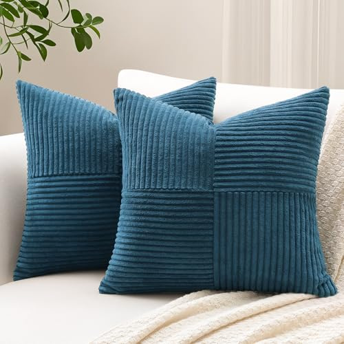 Sungeek Juego de 2 Fundas de Cojínes de Pana Suave 50x50 cm Fundas de Almohada Decorativas con Patchwork a Rayas Cruzadas Funda Cojines para Sofá Cama Dormitorio Sala de Estar, Azul Polvo
