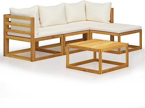 Emmtore Akazienholz Massiv Gartenmöbel mit Auflagen Sofa Lounge Garten Garnitur Sitzgruppe Gartenset Sitzgarnitur Gartensofa Tisch,Creme,2xEckteil+Mittelteil+Fußstütze+Tisch