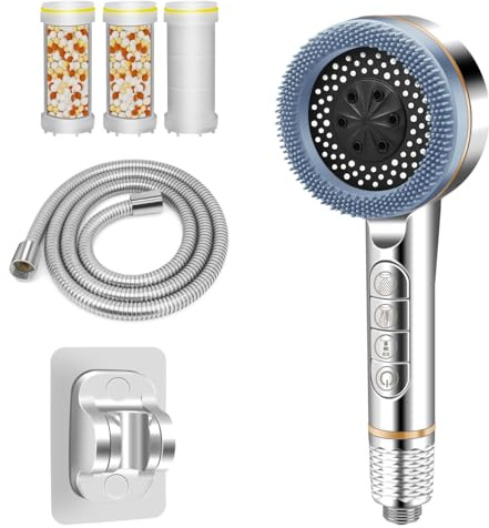 Duschkopf mit Filter REETEE Duschbrause mit Schlauch 4 Strahlarten Hochdruck Handbrause,Sparduschkopf mit Antikalk-Funktion, Duschkopf Wassersparend für Hartes Wasser/Bakterien/Rest-Chlor (silbrig)