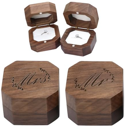 Malihome Klappbox aus Holz für 2 Ringe zur Hochzeit, rustikale Aufbewahrungsbox für Schmuck im Vintage-Stil aus massivem Walnussholz mit Gravur und Ringhalter (2pcs Achteck, No Customized)