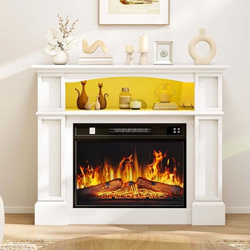 TAUS Fireplace with Surround, White Electric Fireplace Free Standing with Realistic Flame Effect Fireplaces Heater, with Timer and 7 Color LED Light Strip and Remote Control (23”/100cm)