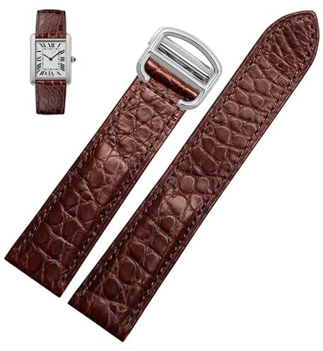 YOLIONU Lederarmband für Cartier TANk SOLO RONDE London Kalibo Uhrenkette mit Faltschließe(Brown-silver A,20mm)
