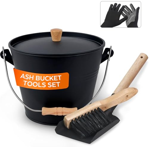 KEFIY Small Ash Bucket with Lid and Shovel, Metal Fireplace Ash Bucket with Broom, Complete Fireplace Tools Set for Wood Stove and Fireplace, Black