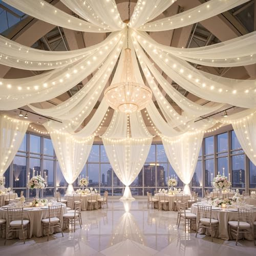 FrohFest 6 Panels Beige Ceiling Curtains with Lights for Weddings - 5ftx30ft Wrinkle-Free Tulle Fabric Wedding Arch Draping Ceiling Drapes Decorations for Wedding Party Ceremony Stage Tent Event