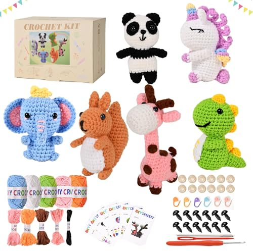 Alutaba Häkelset für Anfänger, 6pcs Amigurumi Tiere DIY Häkeln Set | Häkelset mit Garn & Zubehör, Video, Anleitung, Strick-Set für Häkelliebhaber, DIY-Fans & Einsteiger, Tolles Geschenk