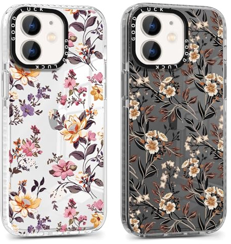 Xylota 2 stycks fodral för iPhone 12/iPhone 12 Pro 6,1, Transparent estetisk höstblommor design flickor kvinnor skyddsfodral, mjukt tunt silikon TPU stötdämpande skyddsfodral för iPhone 12, Brunt 2