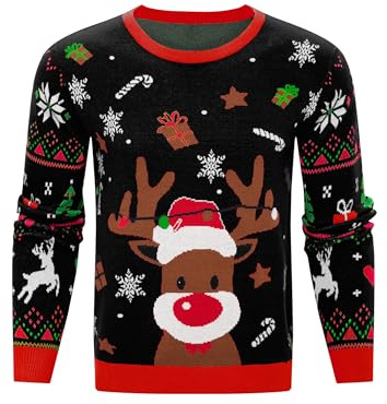 Litherday Maglione Natale Uomo Divertente con Renna e Stampa Natalizia Pullover Natalizio Originale Uomo per Feste Invernali Nero L