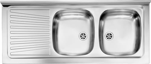 Lavello cucina acciaio inox Monica appoggio 120 x 50 cm 2 vasche stampate destre e gocciolatoio Made in Italy
